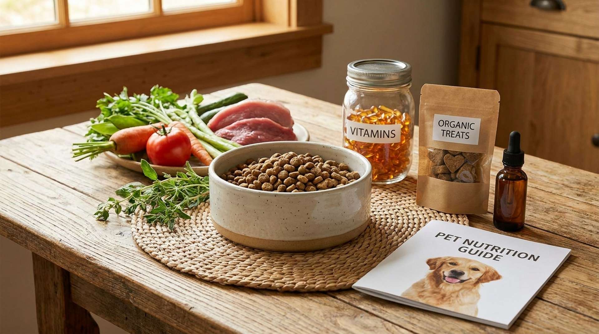 Hundefutter mit Vitamingläsern voller Omega-3-Kapseln auf einem Holztisch