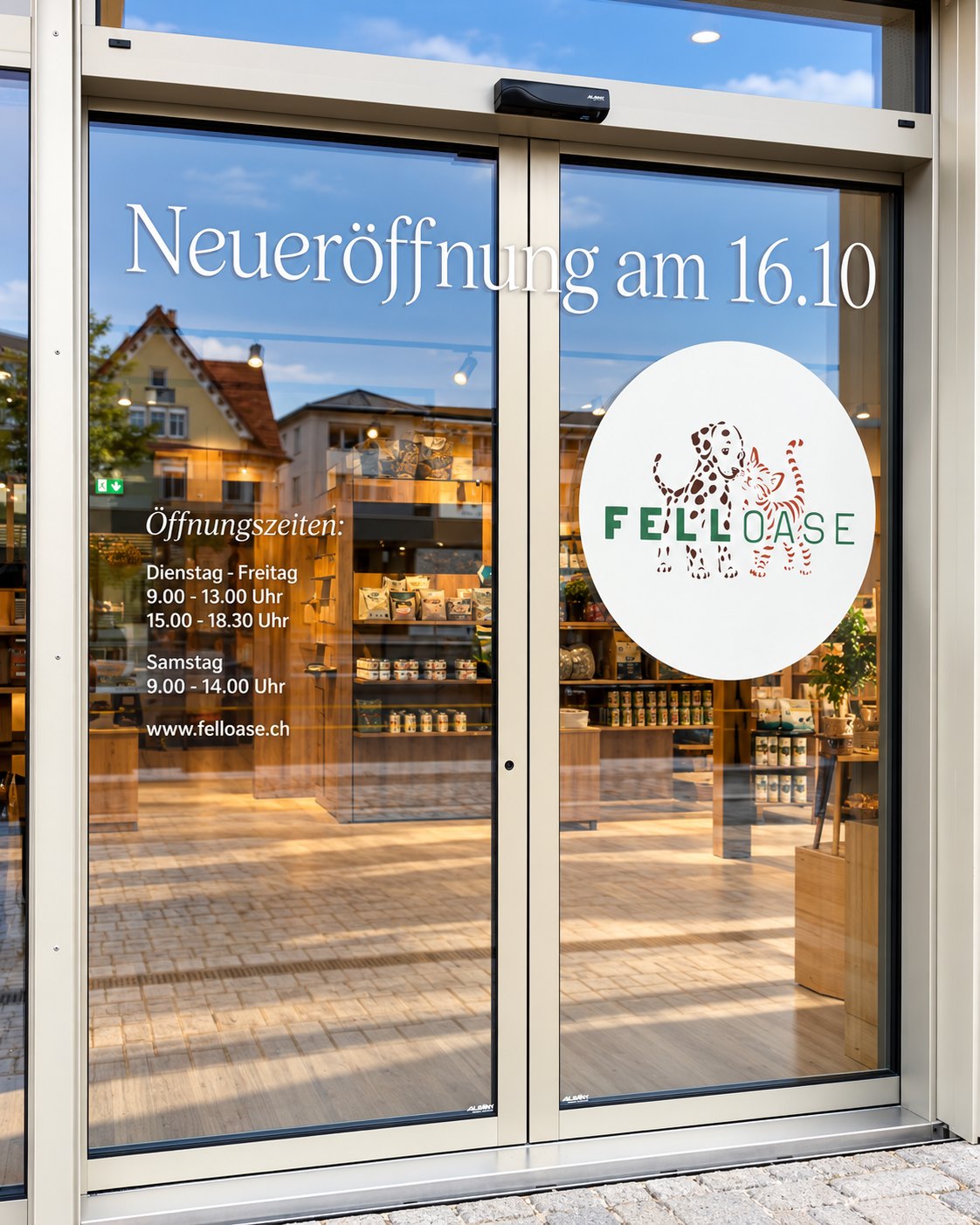 Tür der Felloase mit Neueröffnung am 16.10 und Öffnungszeiten