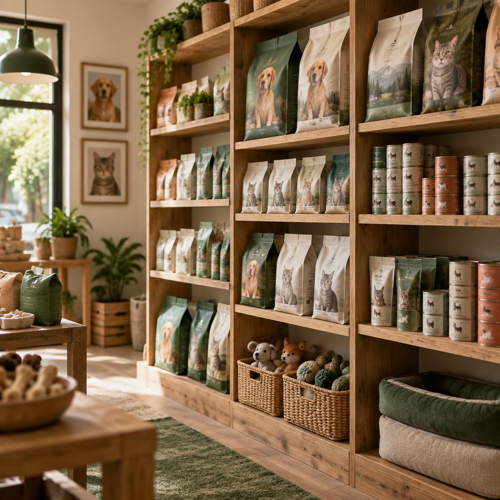 Ladenregal aus Holz mit Hundefutter und Katzenfutter